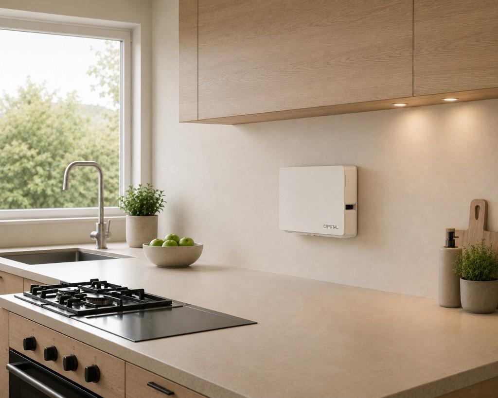 Crystal, a matte white wall panel in a bright kitchen.