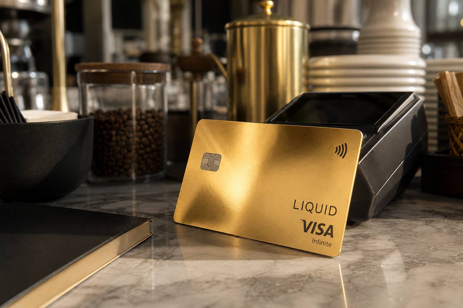 Liquid, a gold Visa card leaning against a payment terminal.