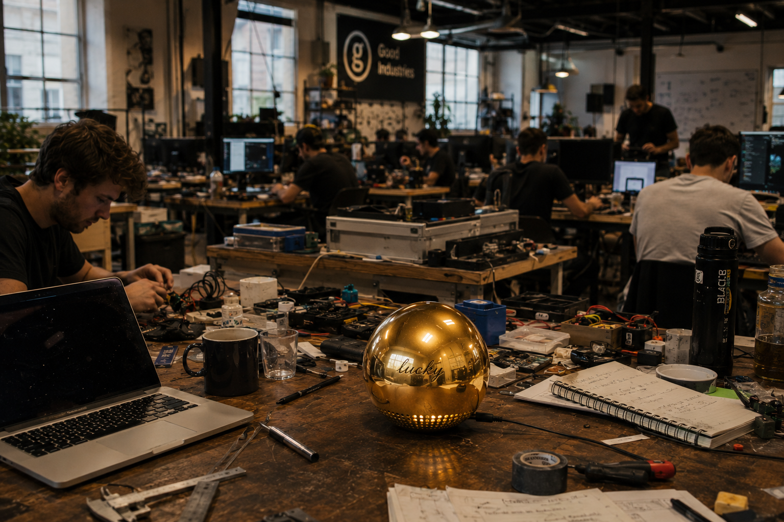 Lucky, a golden sphere node on a studio desk beside sketches and a laptop.