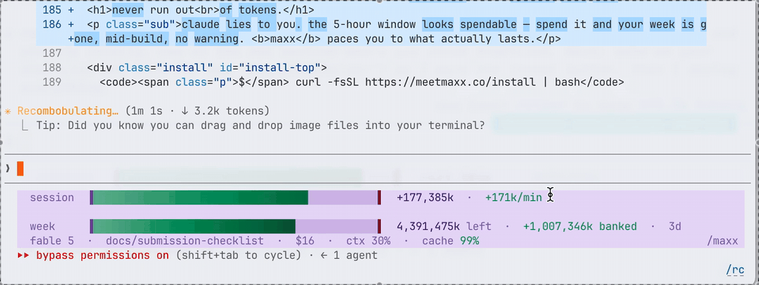 The /maxx statusline live in Claude Code, token gauges rolling.
