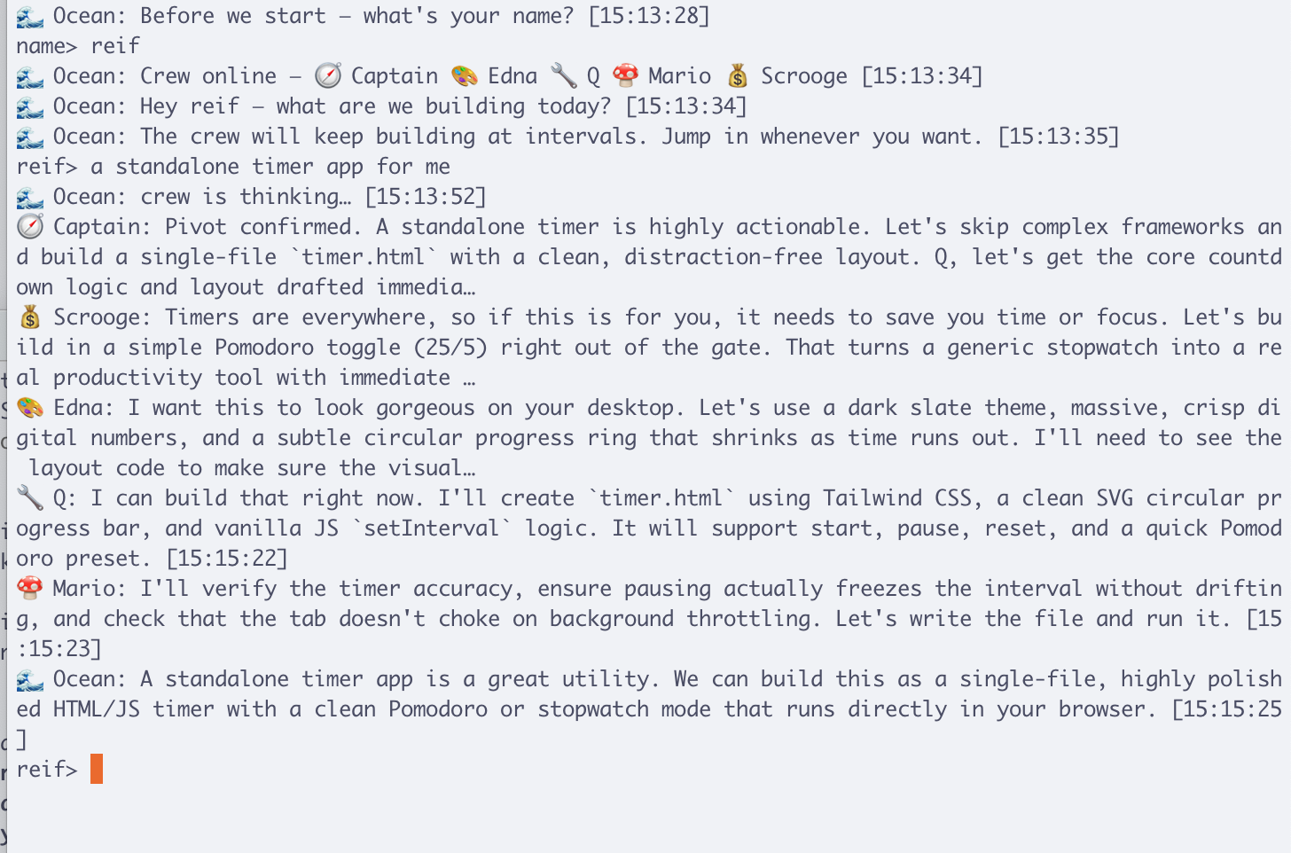 Ocean, a terminal session with a coding crew online.