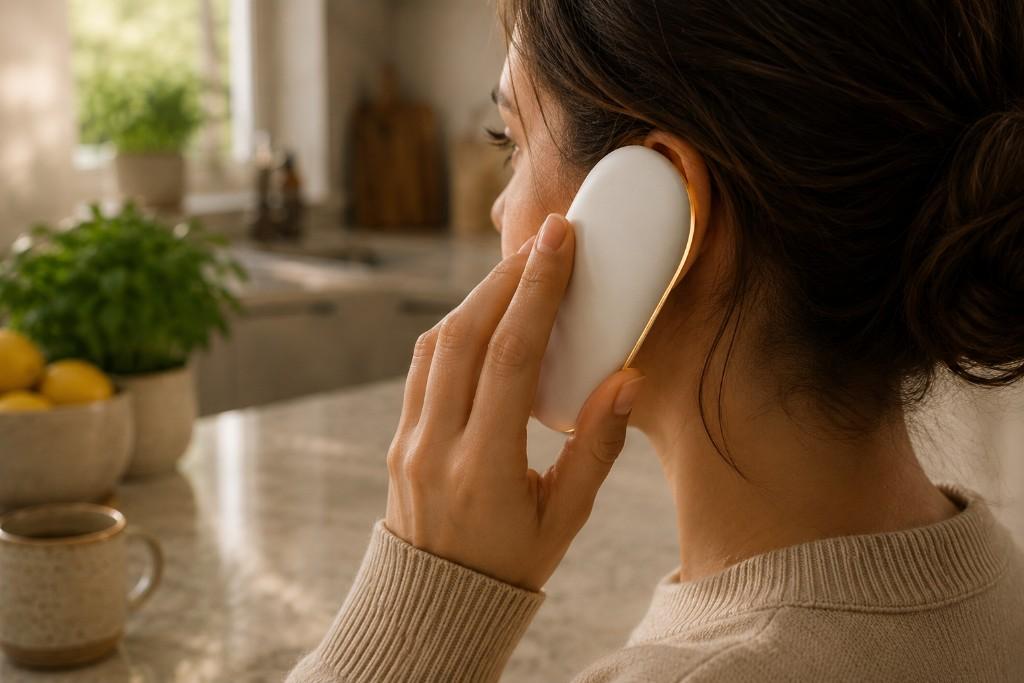 A hand holding Stone Phone to the ear, a matte white pebble with a warm metallic rim.